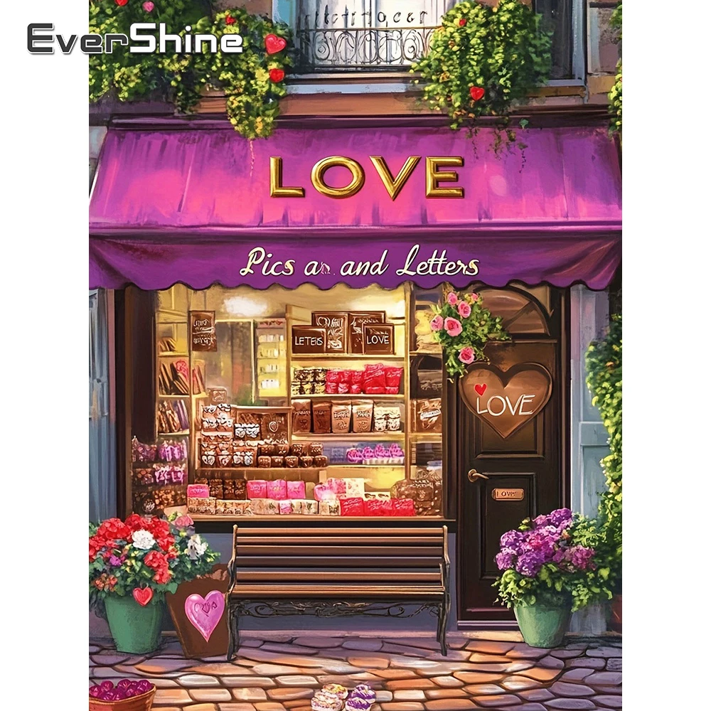 EverShine Diamant-Mosaik-Straßenlandschaftsbild mit Strass-Stickerei, Haus, vollflächiges Quadrat-Drill-Gemälde, Blumen-Wandkunst