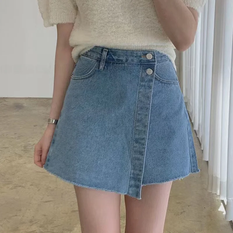 

High Waist Chic Summer Vintage Denim Skirt orts Women's Asymmetrical Bule Design Frayed Versatile Summer Jeans orts