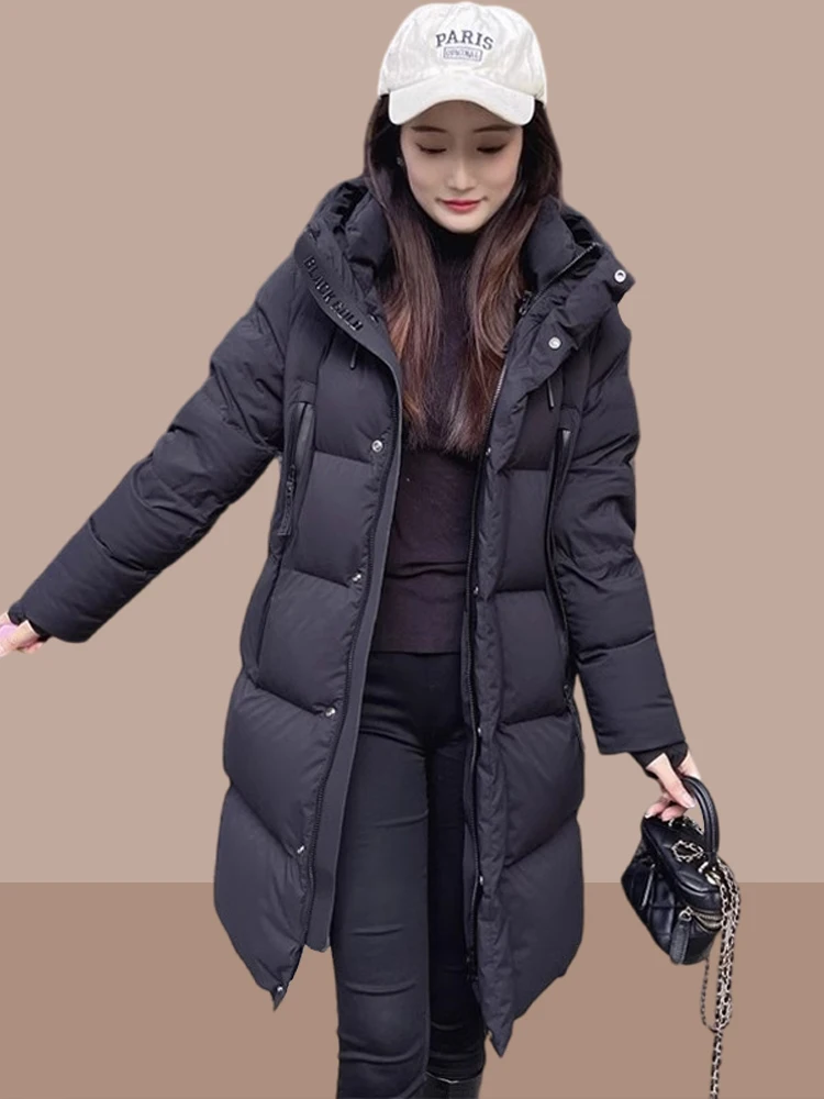 Women's Mid-Length Cotton Jacket Autumn Winter Warm Thick Small Size Fashionable Commute Pure Color Zipper Hooded Coat