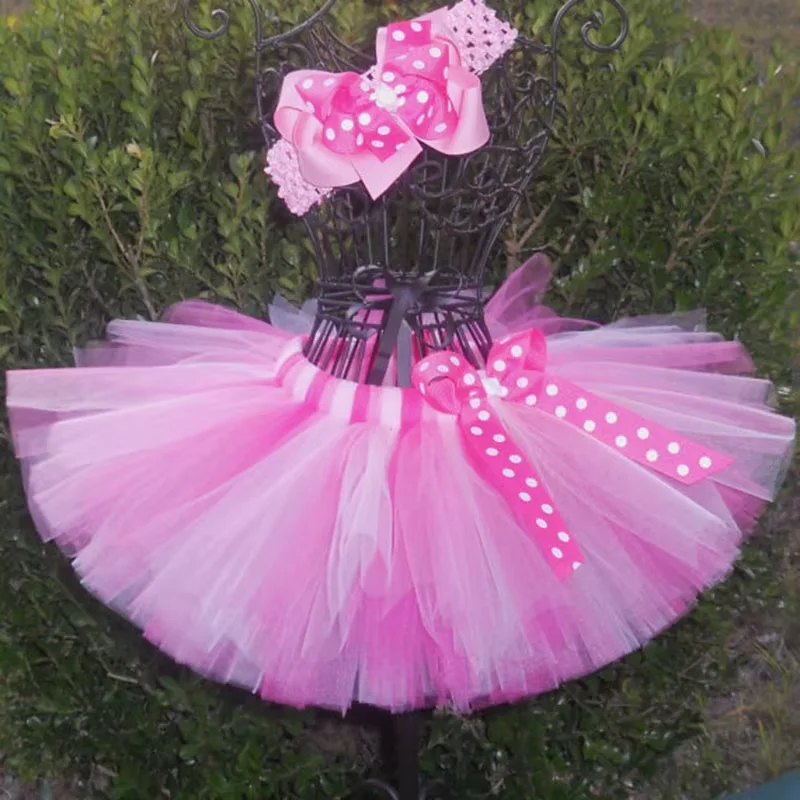 Baby Girls Pink Tutu Skirts Kids Ballet Dance Tulle Pettiskirts with Dots Hairbow Children Birthday Party Costume Flower Skirt