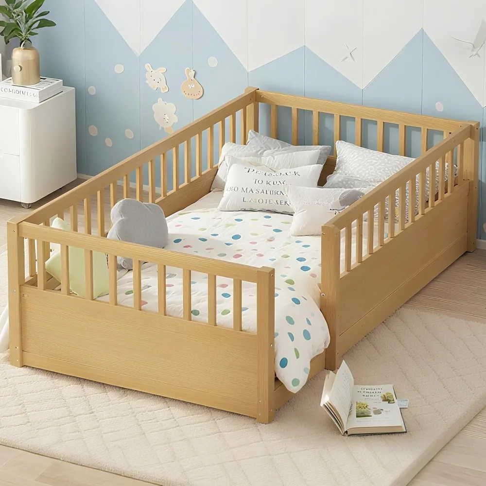 إطار سرير أرضي مزدوج الحجم من Bellemave، 19.6 إطار سرير مونتيسوري خشبي عالي السياج، سرير مزدوج بطابقين منخفض إلى الأرض، لا #1