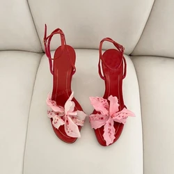 Pink Flower Decor Round Toe Sandals Ankle Buckle Stiletto High Heel Fashion Sweet Women Shoes 2024 Sexy Zapatos Para Mujere