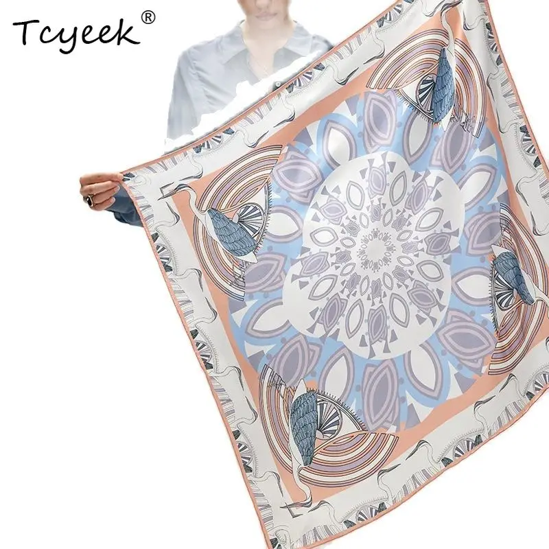 

Tcyeek, 12MM 100%Mulberry Silk Elegant Scarf, Retro Printed, Women Chic Headband Versatile Shawl Kerchief, Mom Gifts A48962QC