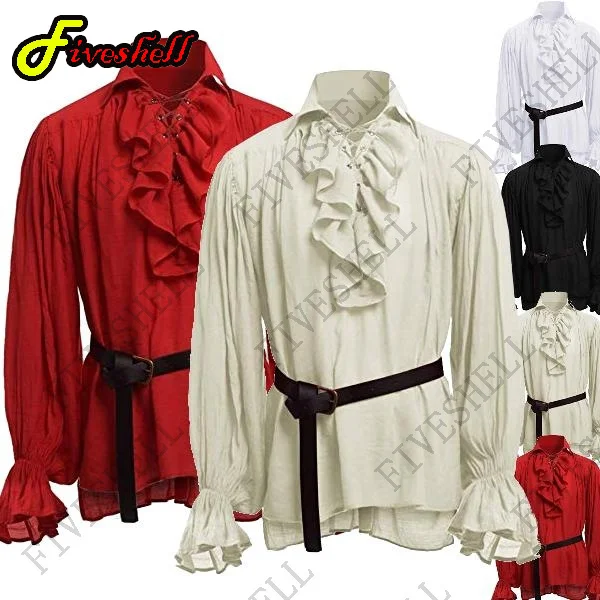 Christmas Mens Medieval Shirts Poet's Renaissance Cosplay Costume  Pirate Captain Lace Up Ruffle Tops Sand Collar Shirt