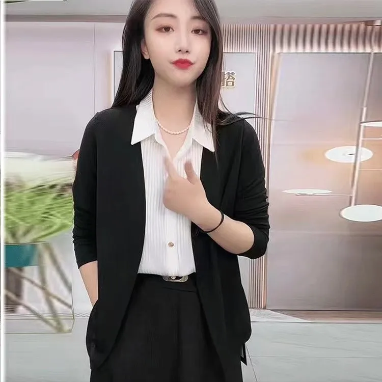 

Fashion Elegant Fake Two Pieces Tops Casual Solid Color shirt collar Long Sleeve T-shirt Spring Autumn Women's Clothing