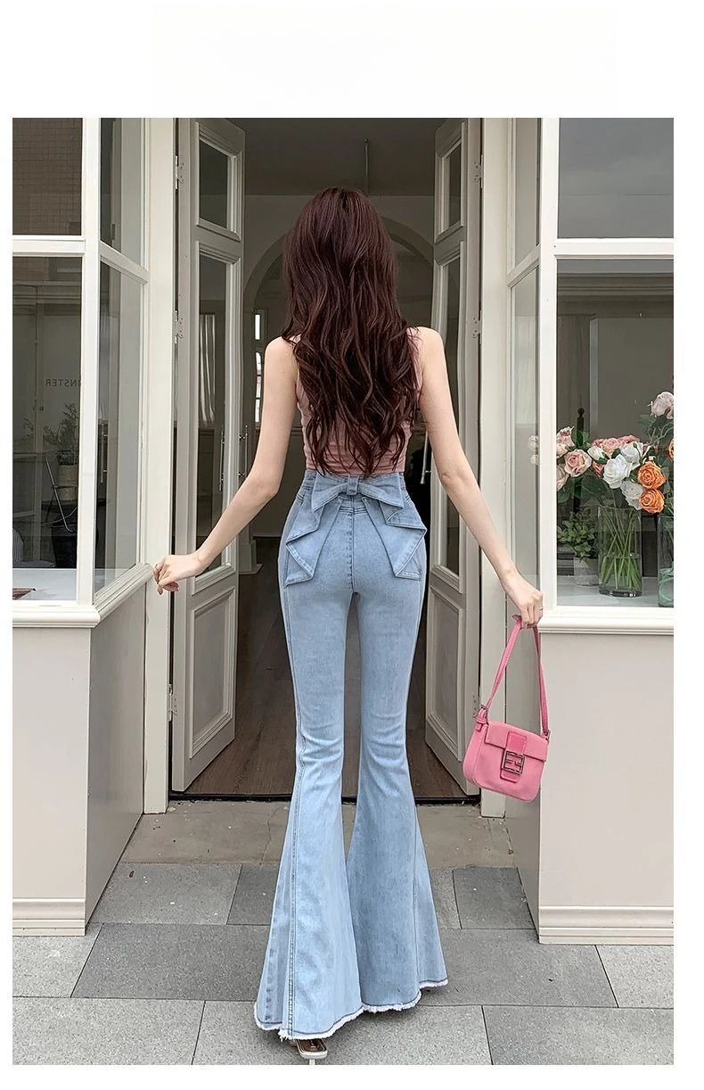 Bow Tie Jeans Women's American Vintage Three-dimensional Micro-large Summer Thin Pants New High-waisted Skinny Hip Flare Pants