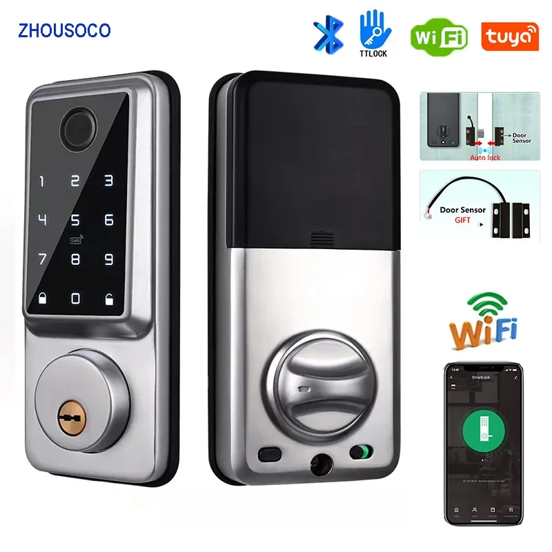 Tuya Wifi Smart Locks Biometric Fingerprint Ttlock APP Electronic Deadbolt Lock Password Digital IC Card Keyless Entry Door Lock