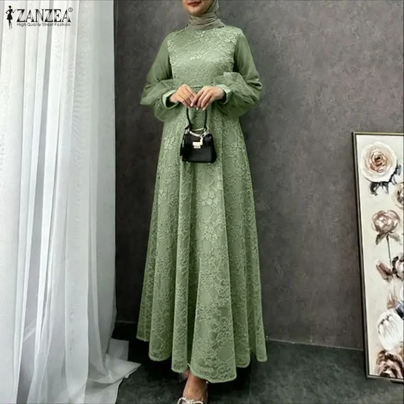 

Модное мусульманское платье-абайя ZANZEA 2026 года с кружевными вставками, длинным рукавом, для Рамадана, элегантное вечернее макси-платье, сарафан