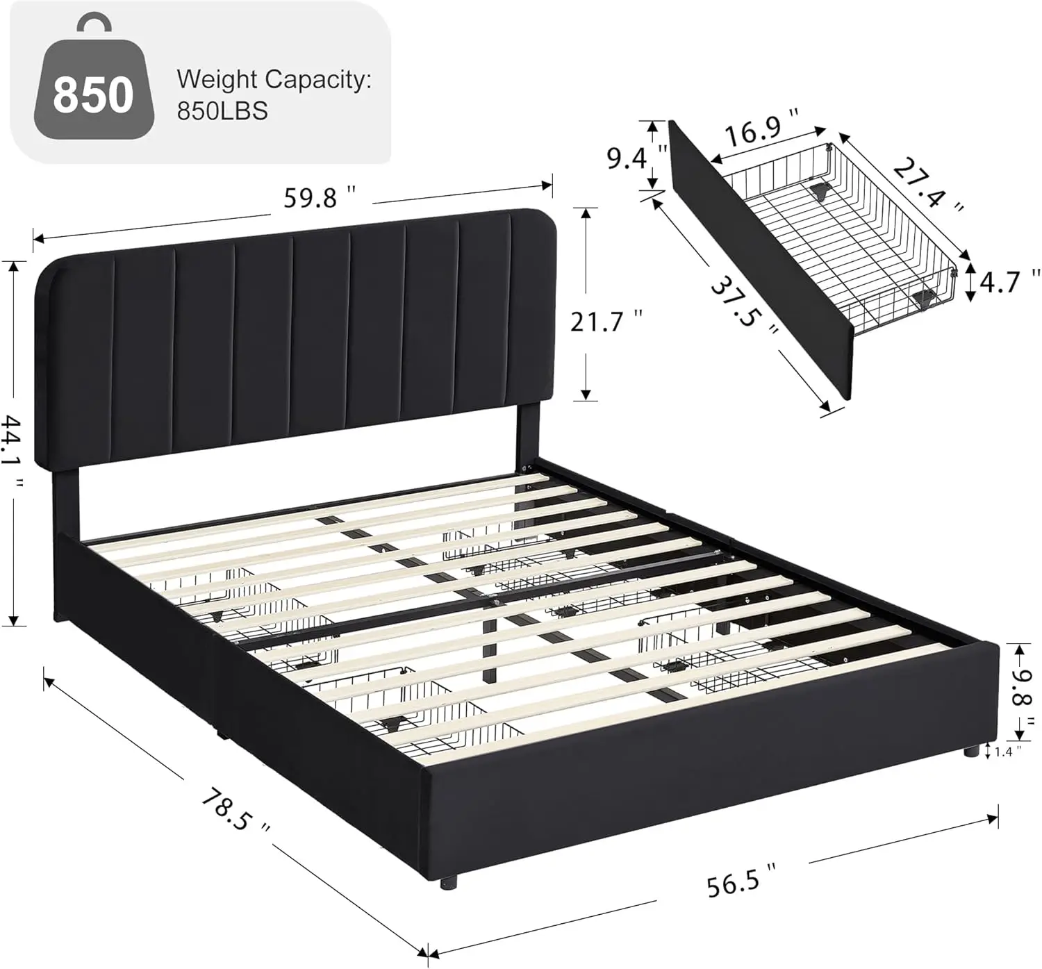 Estrutura de cama estofada em tamanho real com 4 gavetas e cabeceira ajustável, colchão de armazenamento com plataforma de veludo