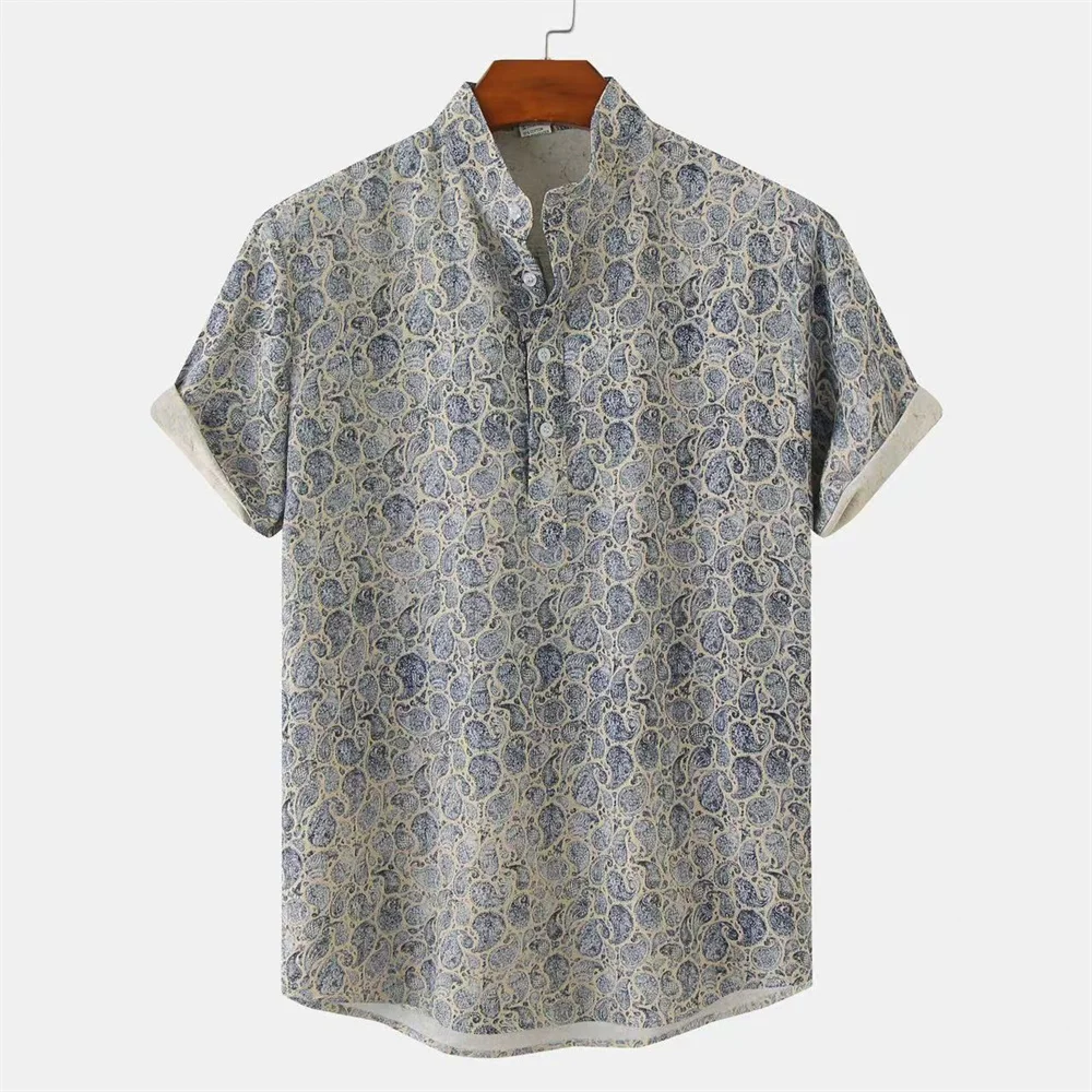 Camisas con estampado 3D para hombre, camisa de manga corta con cuello de pie, blusa informal de gran tamaño, estilo étnico