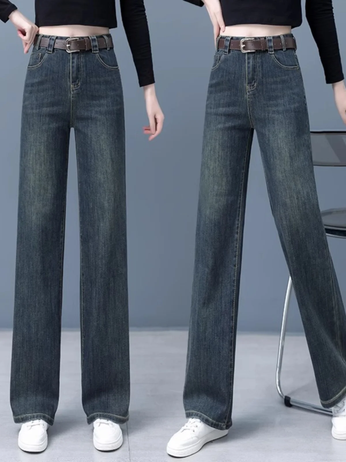 

Джинсы с высокой талией и прямыми штанинами, женские повседневные брюки в гонконгском стиле, модные широкие брюки, осень 2025, новая ретро-версия