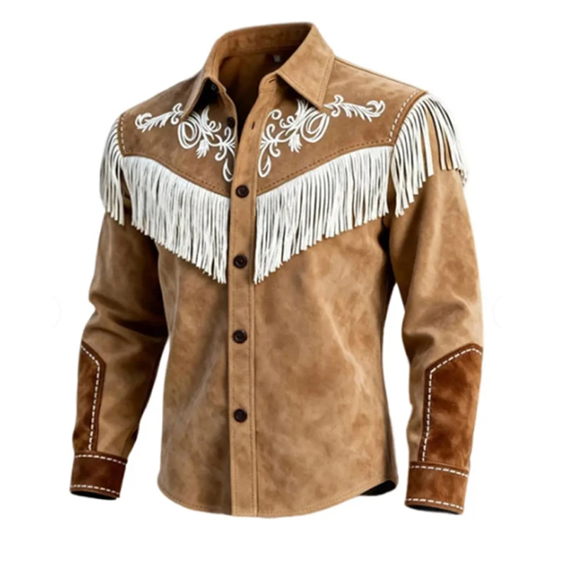 Spring Vintage Suede Shirt Jacket Men Classic Cowboy Style Tassel Design Long Sleeve Patchwork Cardigan Tops Men Vintage Shirts