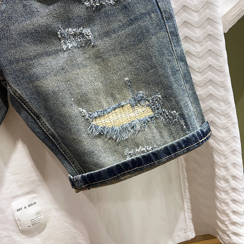 Street Fashion Men Jeans Summer Designer Retro Blue Stretch Slim Fit Ripped Short Jeans Hombre Patched Hip Hop Denim Shorts Men