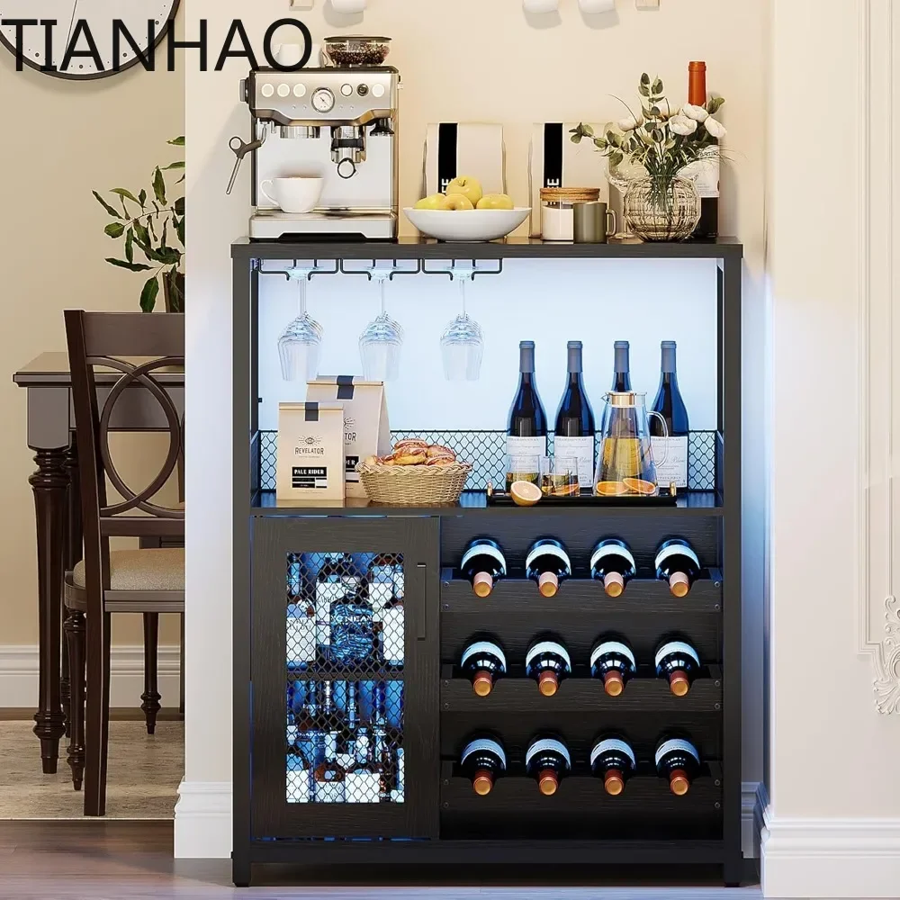 Commercial  Wine Bar Cabinet, Detachable Wine Rack with  ,Glass Holder and Mesh Door, Storage Space