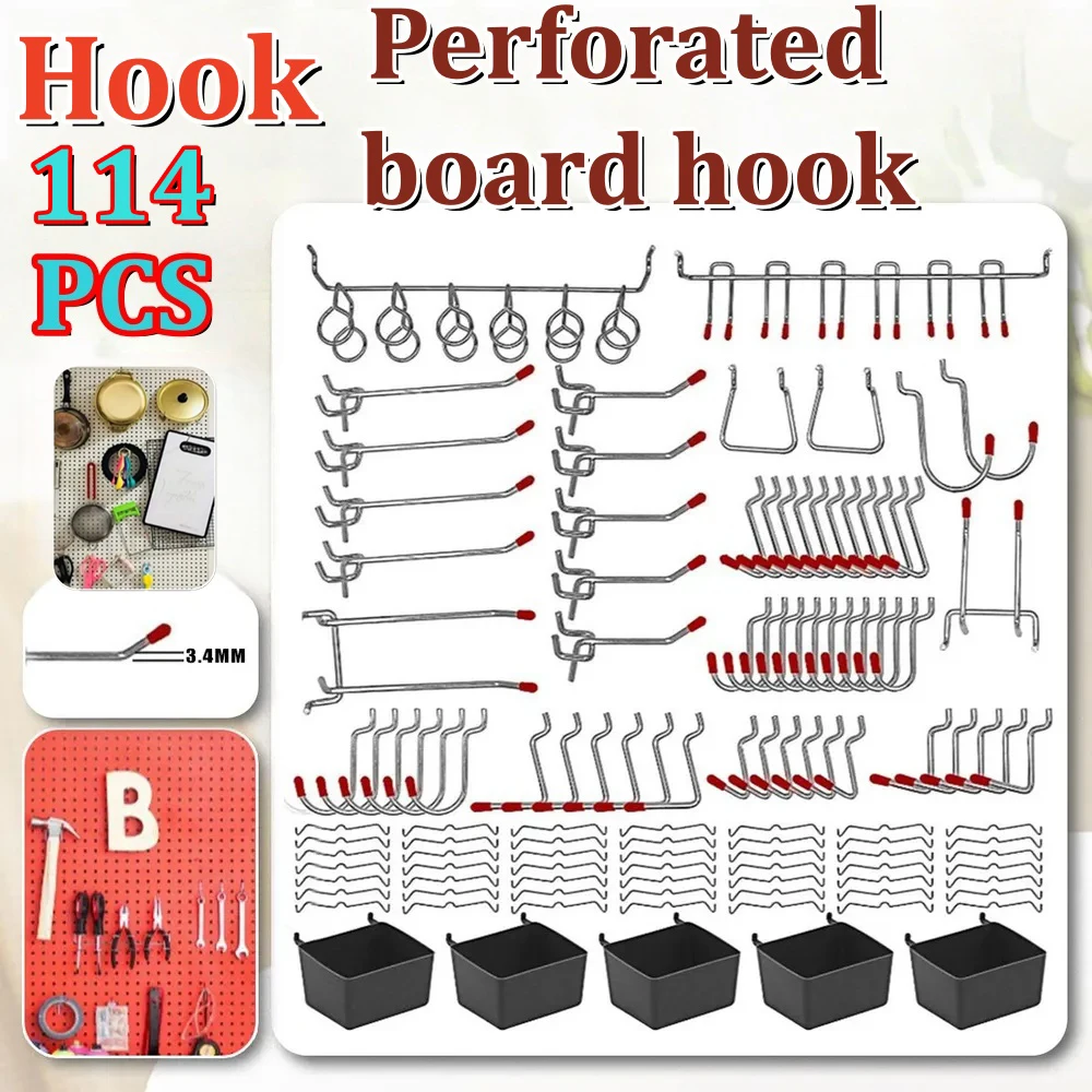 114Pcs Pegboard Hooks Assortment with Metal Hooks Sets, Pegboard Bins, Peg Locks for Organizing Storage System Tools