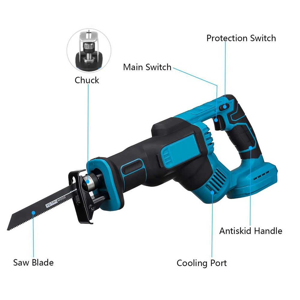 2800RPM Cordless Reciprocating Saw Adjustable Speed Chainsaw Wood Metal PVC Pipe Cutting Bandsaw Power Tool Makita 18V Battery