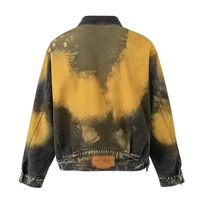 Lapel Ink Wash Gradient Distressed Men's Denim Jacket Niche American Style Vintage Autumn New Casual Outer Coats GB6F5