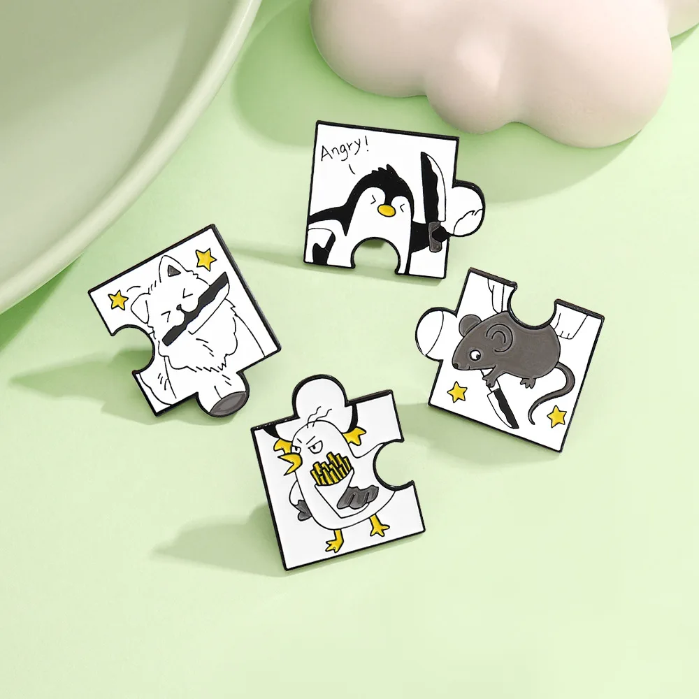 Creative Jigsaw Shape Design Enamel Brooch Cute Cartoon Animal Penguin Dog Knife Lapel Pin Badge Backpack Clothing Accessories