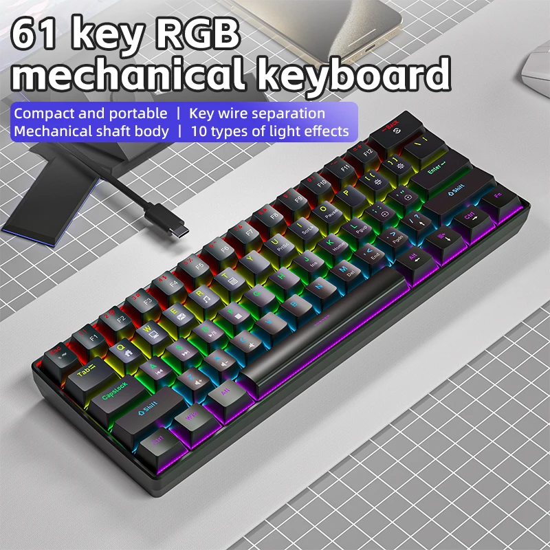 K61 Wired Mechanical Keyboard 10 Kinds of Colorful Lighting Gaming and Office For Microsoft Windows and Apple IOS System