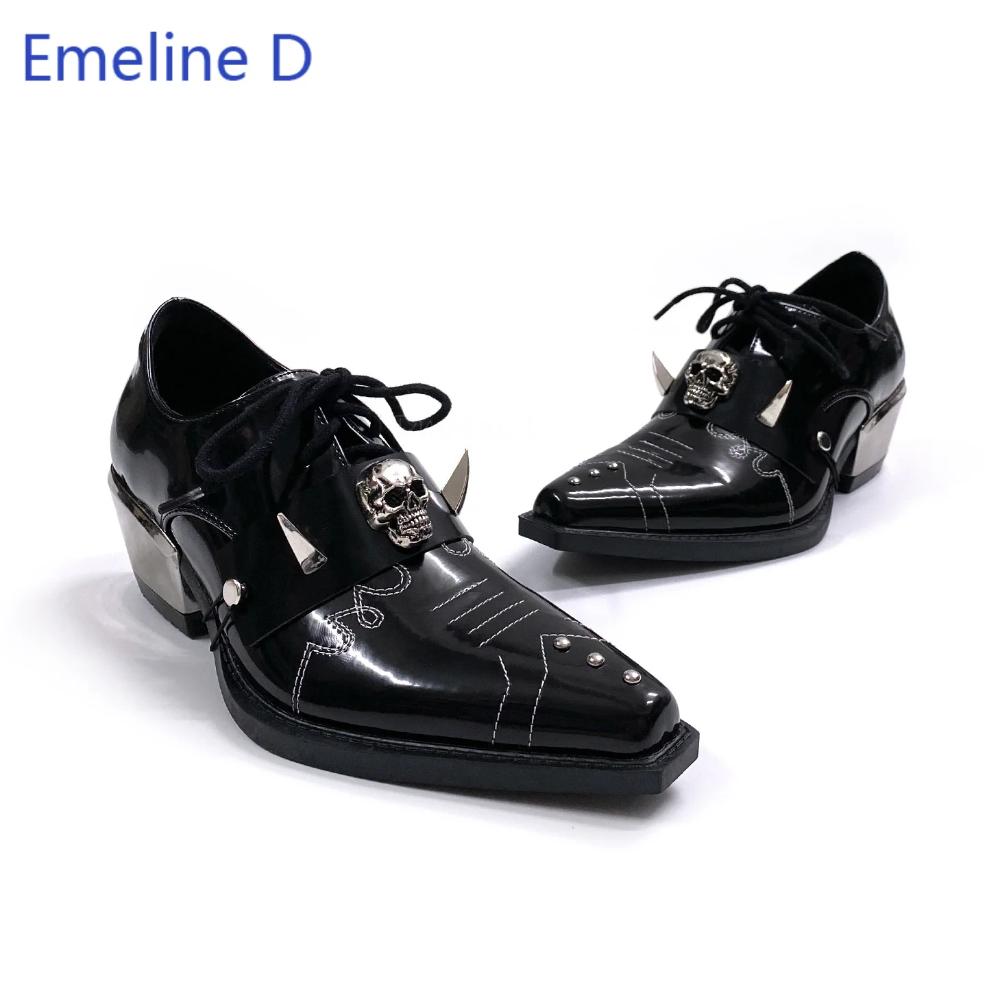 Men Leather Pointed Toe Dress Shoes Skull Metal Decor Block Heel Lace Up Gothic Rivet Embroidered Footwear Punk Party Shoes