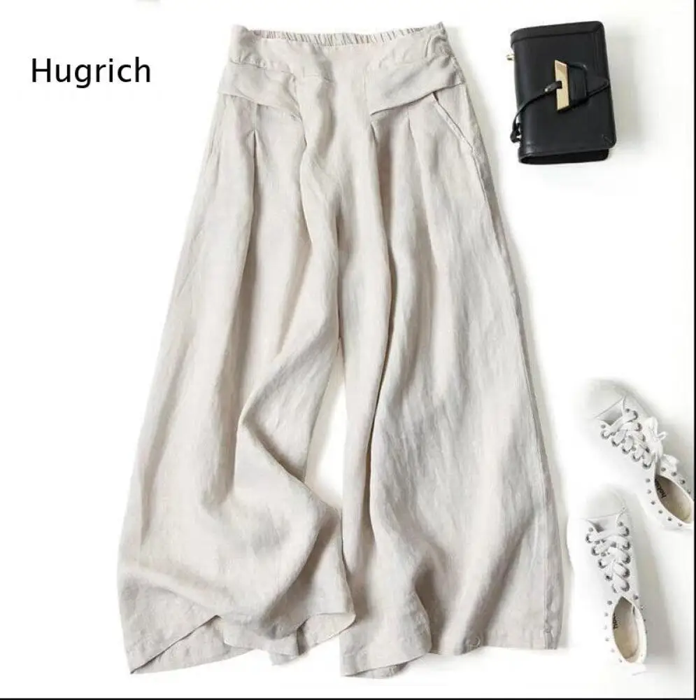 Ladies Daily Casual Wide Leg Trousers Solid Tone Pleated Front Elastic Waist Relaxed Fit Long Pants With Functional Pockets