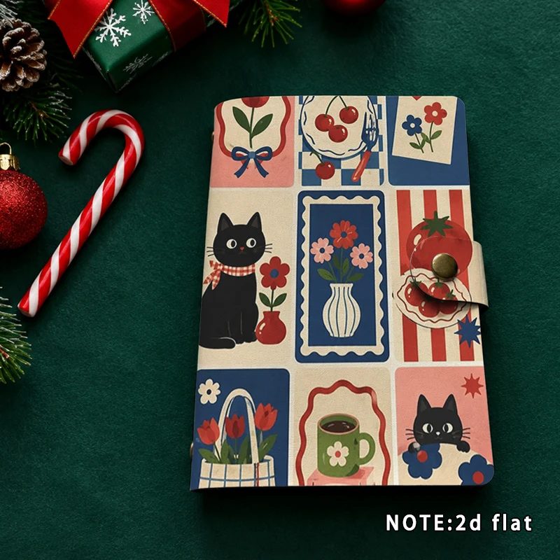 Cute Black Cat Floral Collage Journal Snap Button Retro Cartoon Cat Flower Print Travel Diary Office School Writing Stationery G