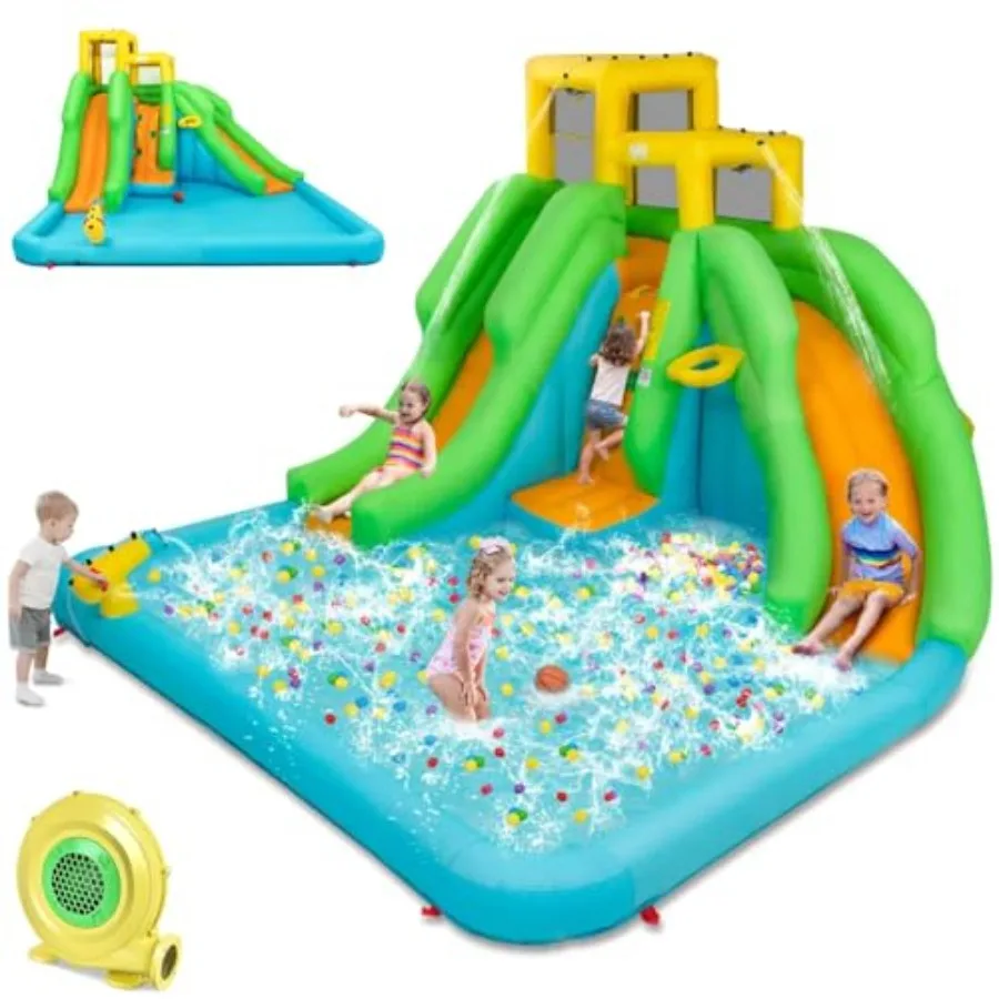 Inflatable Water Slide, 6 in 1 Kids Bouncer Water Park w/Climbing Wall & 2 Long Slides, Splash Pool, Water Cannons, Indoor Outdoor Blow Up Water Slides for Backyard(with 480W Blower)