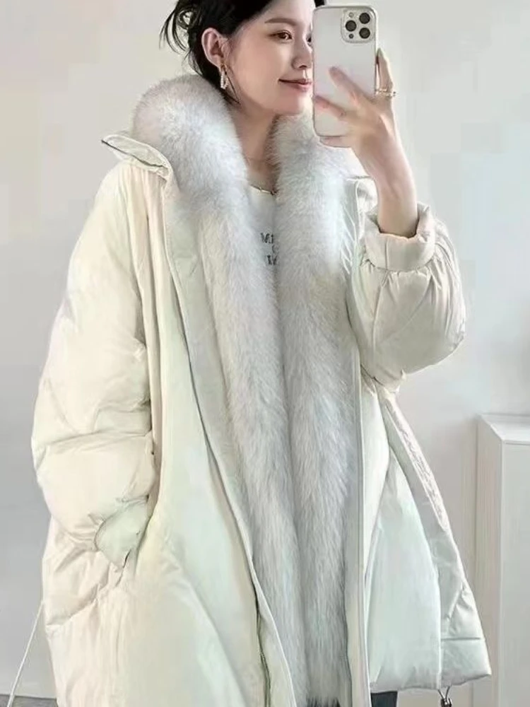 Women\'s Down Parker Winter New Puffer Coats Large Fox Fur Collar Luxury Outerwears White Goose Down Thick Warm Women\'s Jacket