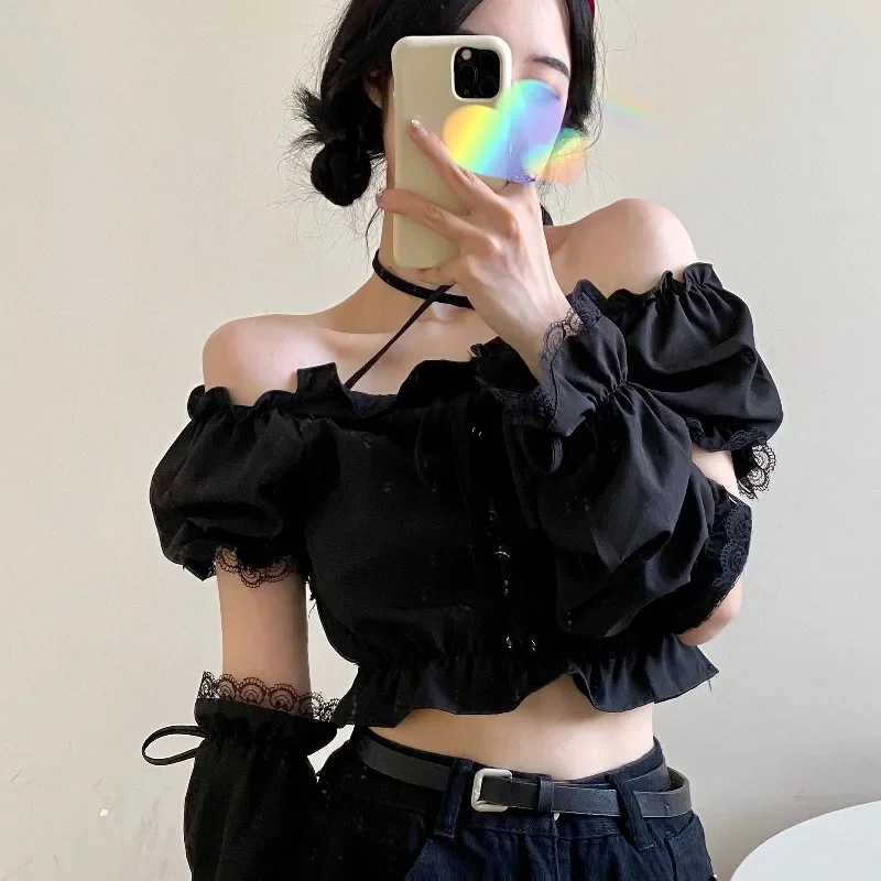 KOSAHIKI Crop Black Blouses Women Ruffles Harajuku Off Shoulder Slim Cropped Sexy Chic Female Summer Gothic Streetwear Y2k Tops