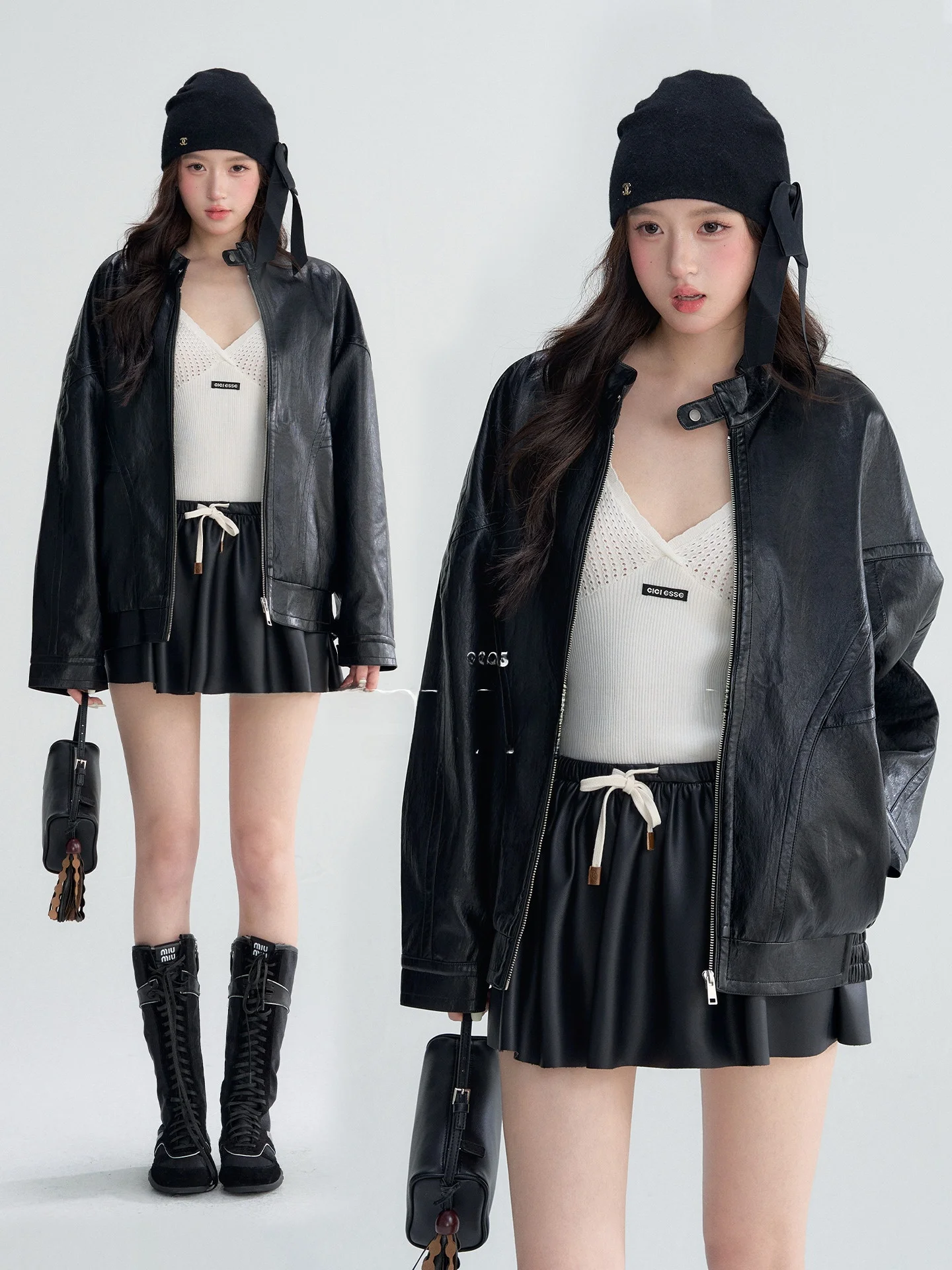 OIOI E Conjunto de Saia e Jaqueta de Couro PU com Gola Alta para Início da Primavera, Design Sensacional Feminino, Comprimento Regular, Moda Jovem