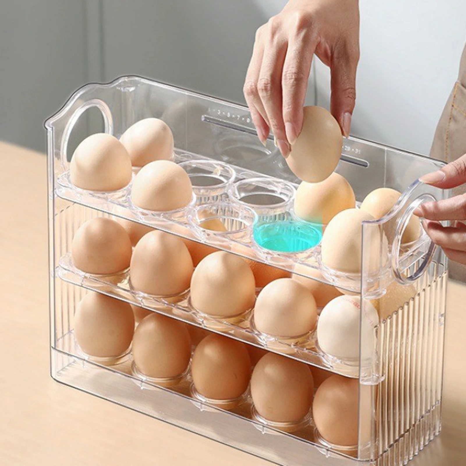 Refrigerator Flippable Egg Holder Ergonomic Design with Time Scale 30 Small Grooves Suitable for Fridge and Countertop