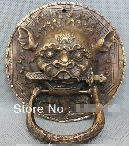 

free shipping Chinese Fengshui Door Copper Bronze Lion Foo Dog Mask Head Sword Statue knocker