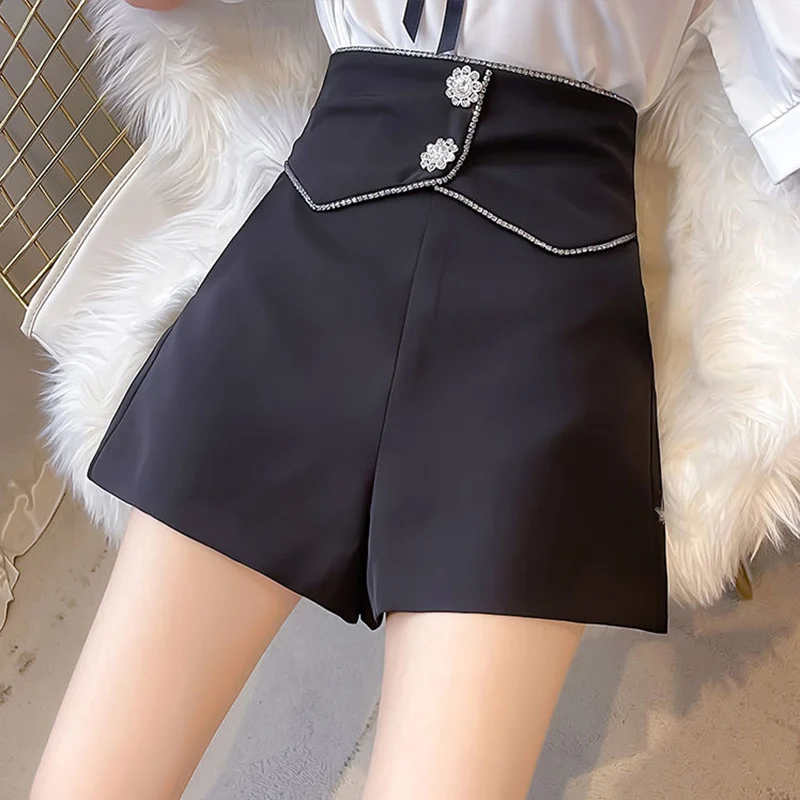 Moda donna Bottoni tutto-fiammifero Tinta unita Vita alta Pantaloni a gamba larga Abbigliamento donna Pantaloni svasati ricamati alla moda estivi