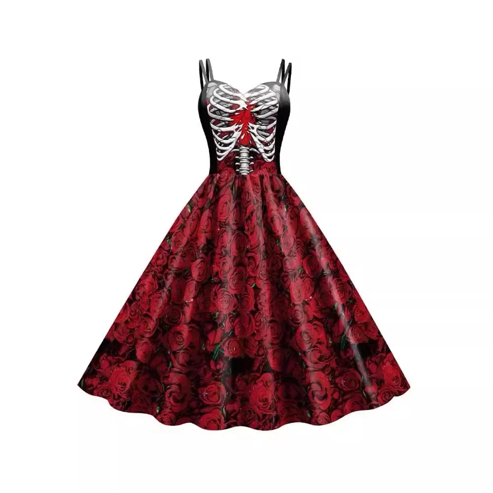 Women Cospaly Costume For Adult Halloween Fancy Skeleton Rose Print Dress Girls Carnival Party Female Horror Rockabilly Clothes