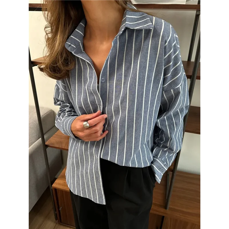 Koszule damskie zapinane na guziki CGS, klasyczne koszule w paski z długim rękawem i kołnierzykiem, do pracy biurowej, bluzki z kieszenią.