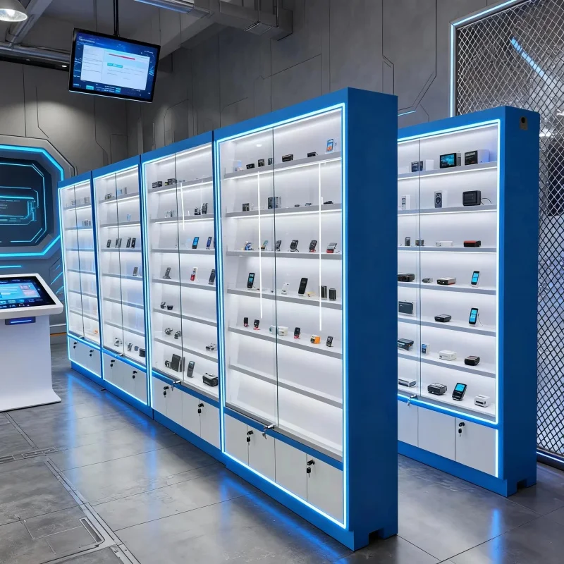 custom.Custom Cellphone Repair Shop Decoration Modern Mobile Phone Display Shelves LED Lighting Slat Wall Display High Quality - view 2