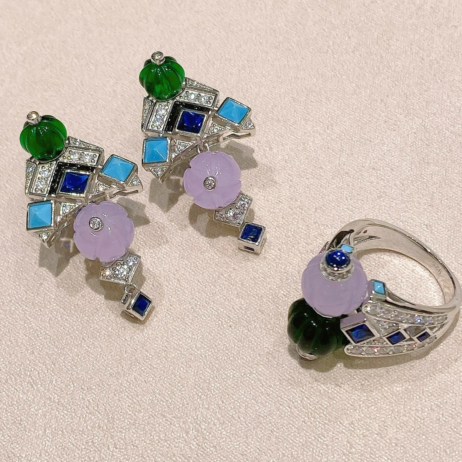 KQDANCE 925 Silver Synthetic Light Purple Green Turquoise Sapphire Gemstone Fruit Style Necklace Earrings Ring Bracelet Jewelry