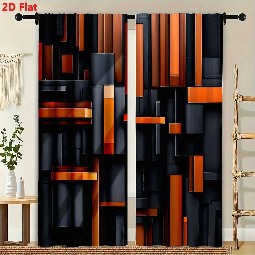 

2Pcs Curtains Abstract 3D Geometric Black And Orange Window Drapes for Bedroom Living Room Decoration Window Treatment.