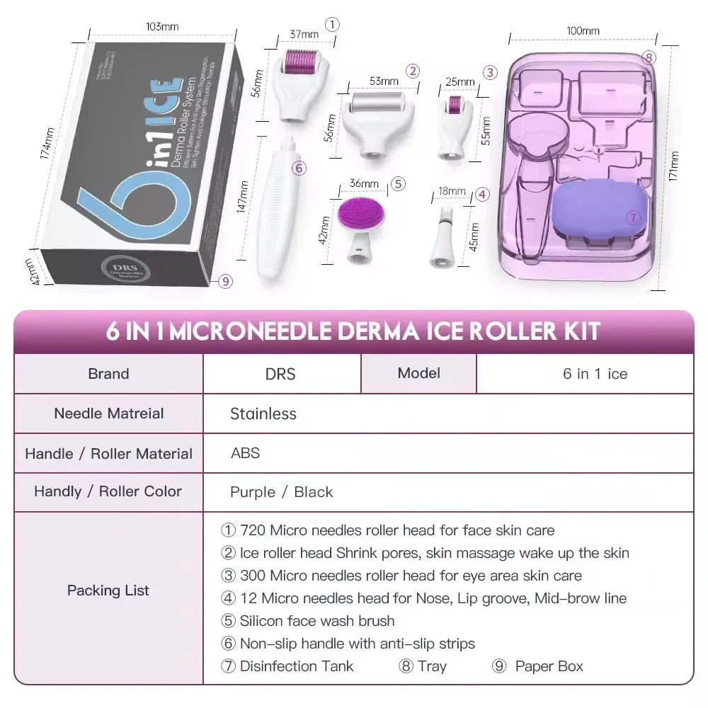 6 In 1 Microneedle Derma Ice Roller kit With 720/300/12 pins Stainless Steel Replacement Heads Face Wash Silicon Brush