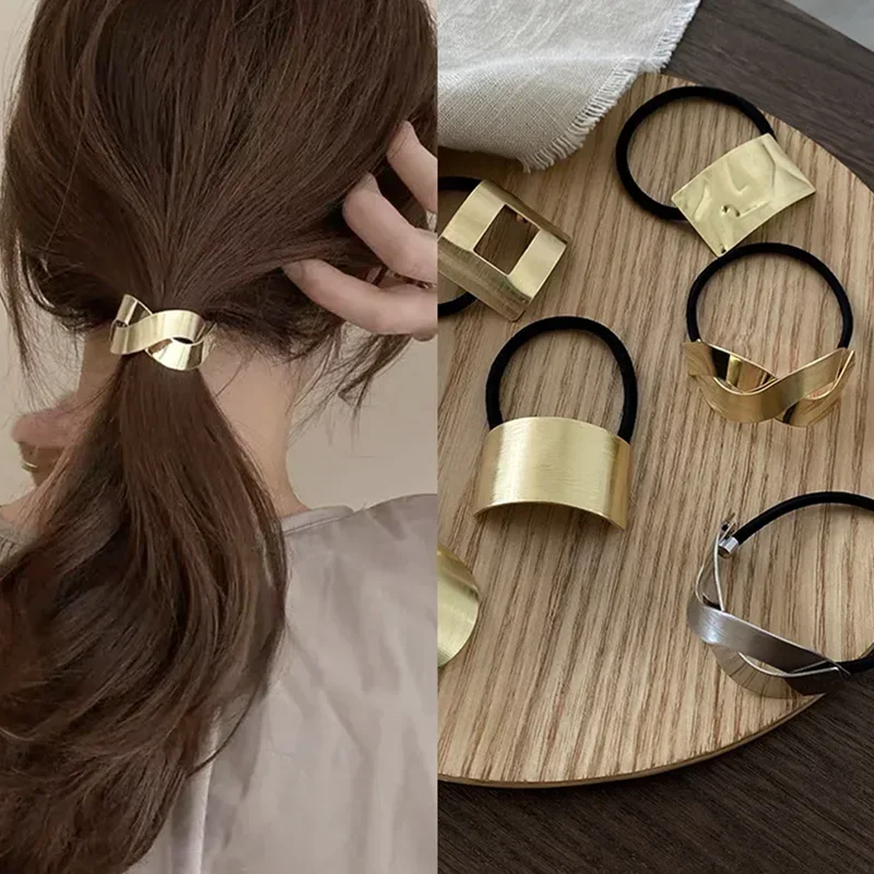 1Pcs Korean Simple Metal Fashion Elastic Hair Bands Geometric Hollow Gold Headwear Hair Rope Ties Women Hair Accessories Gifts