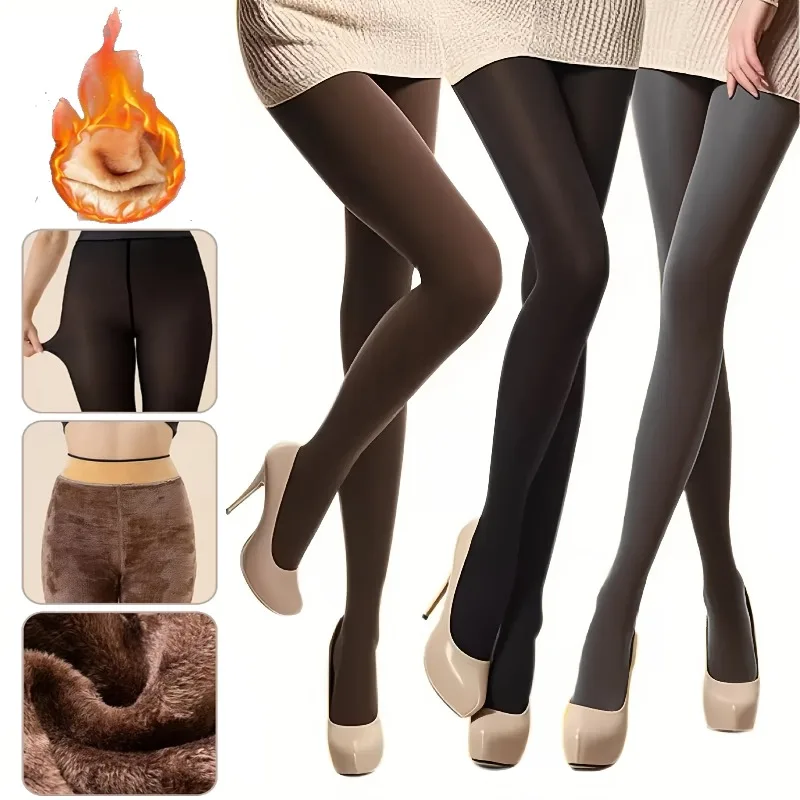Women Fleece Lined Thermal Tights Warm Winter Pantyhose High Waisted Slim Tummy Control Butt Lift Translucent Thick Stockings