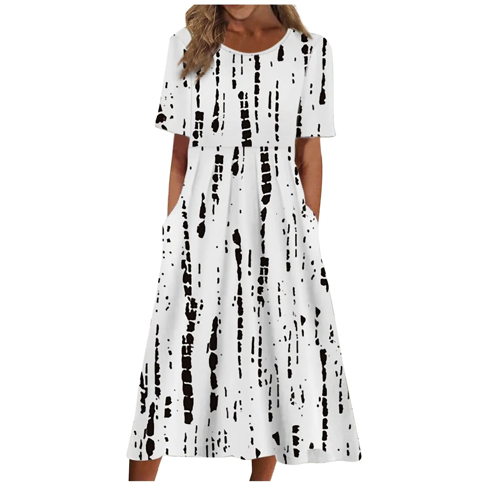 สตรีฤดูร้อนแฟชั่นลำลองดอกไม้พิมพ์แขนสั้นคอกลมชุดกระเป๋าสง่างามชุดสตรีสำหรับงานปาร์ตี้ชุดเดรส