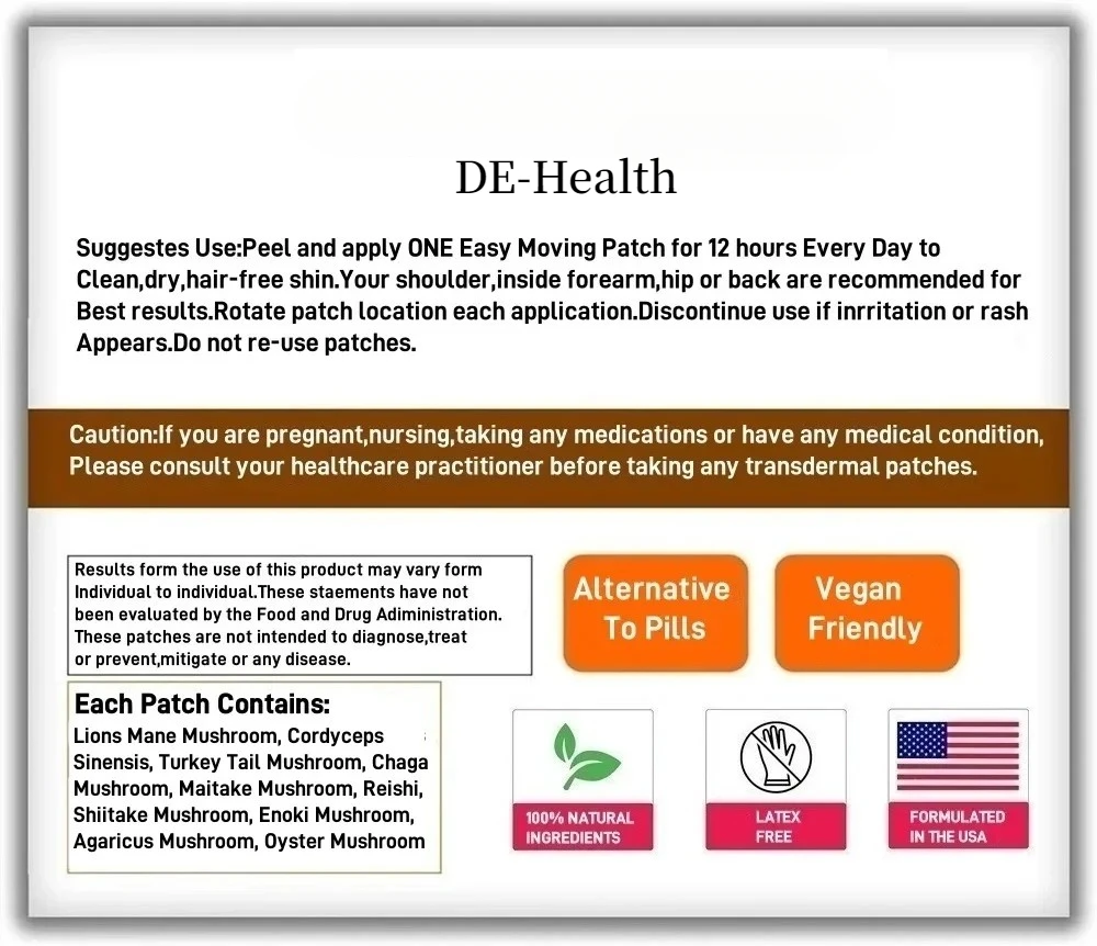 30 parches 10 en 1 Parches transdermicos complejos de melena de leones - Mezclado con Cordyceps Sinensis, Reishi Hongo de cola de pavo