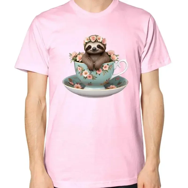 Sloth Tea Cup T shirt Cute Adorable Flowers Animal Print Sweet Top Funny