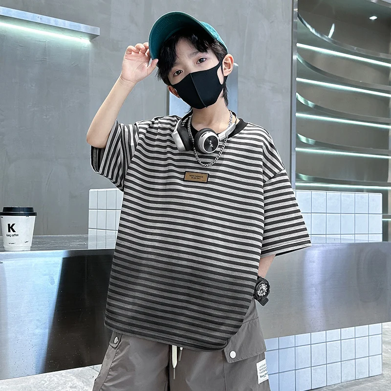 

Elegant Kids Short Sleeve Cotton T-shirt with Stripes for Teenage Boy Summer Tshirt Baby Children Cotton Tee Tops Outfit 5-14 Y