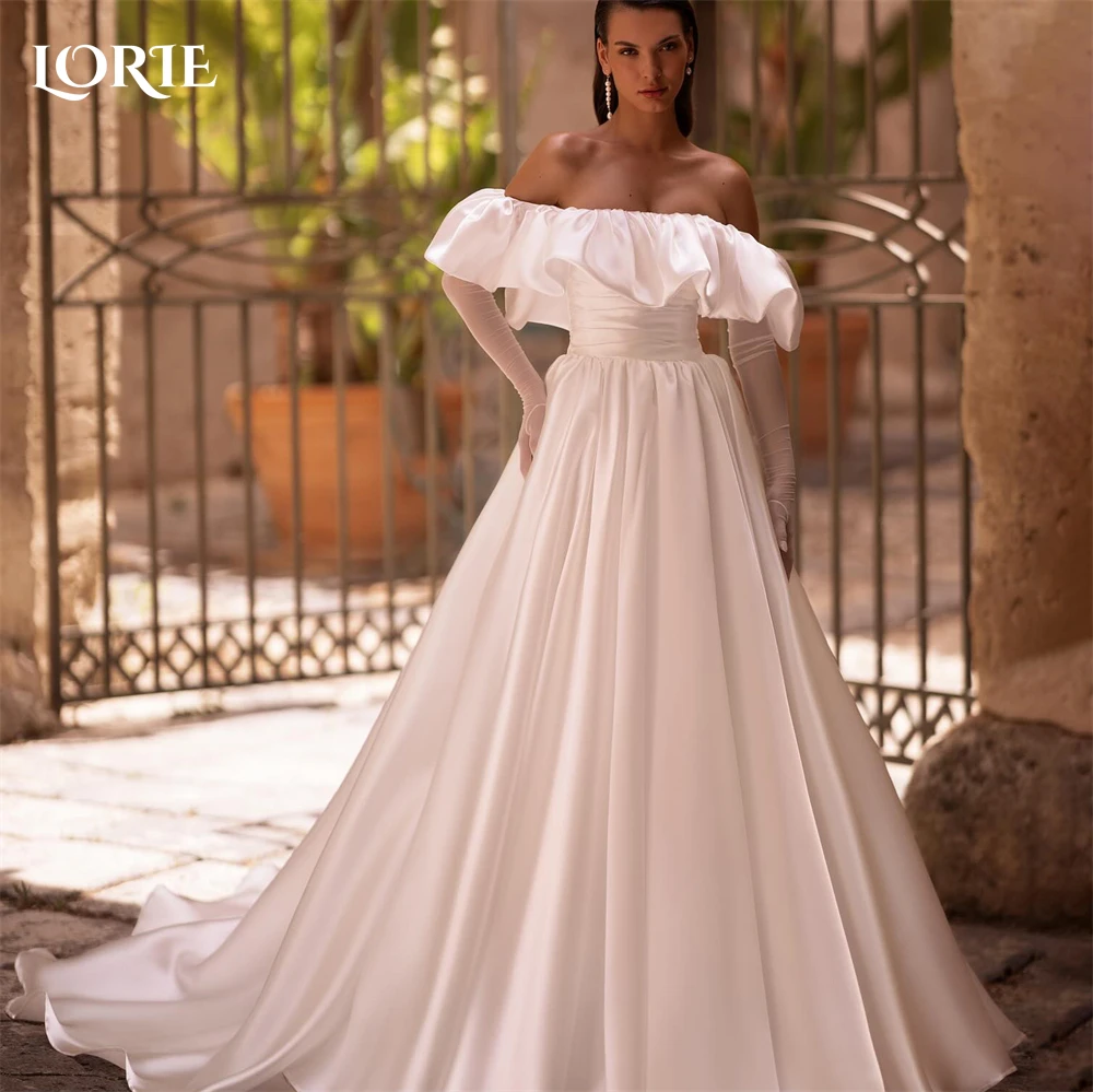 

LORIE Vintage Satin Wedding Dresses Off Shoulder Draped A-Line Pleats Bridal Gowns Backless Princess Bride Dress No Gloves 2024