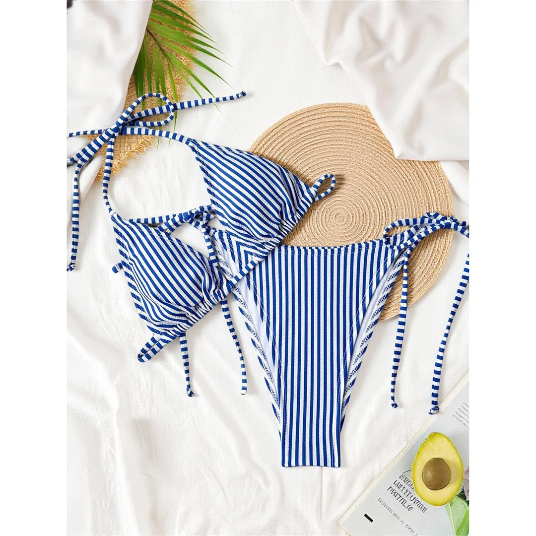 S - XL Gestreifter Neckholder-Bikini, Damen-Badeanzug, zweiteiliges Bikini-Set, hoch geschnittene Beine, Badebekleidung, Badeanzug, Schwimmbekleidung V8527 – Detail 20