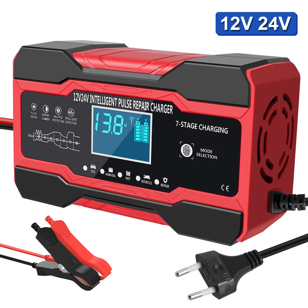 

12 В/24 В интеллектуальный влажный и сухой свинцово-кислотный аккумулятор Auto Moto Lead с цифровым дисплеем, зарядное устройство, полностью автоматическое автомобильное зарядное устройство