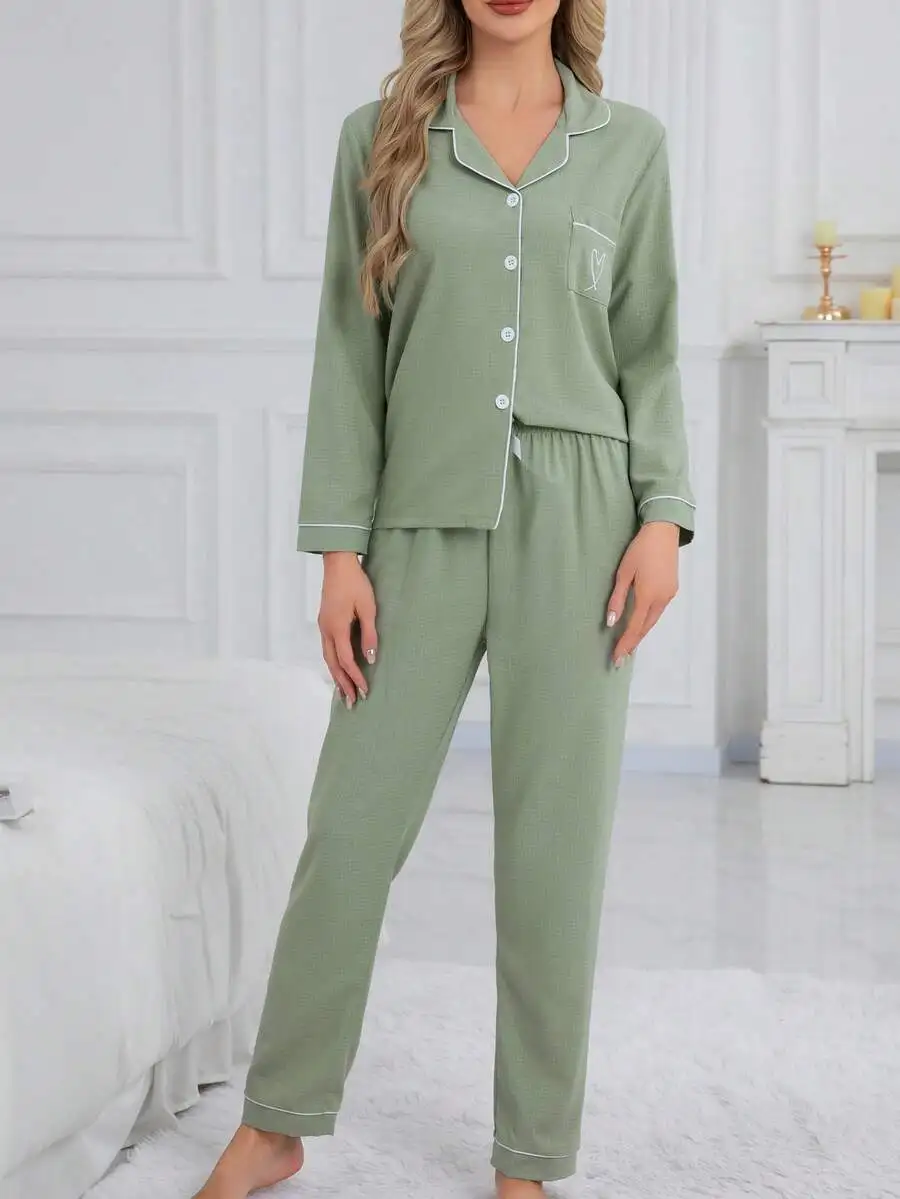 

2pcs Women Long Sleeve Pajama Set With Embroidery Heart, Loose Comfortable Homewear For Autumn Winter