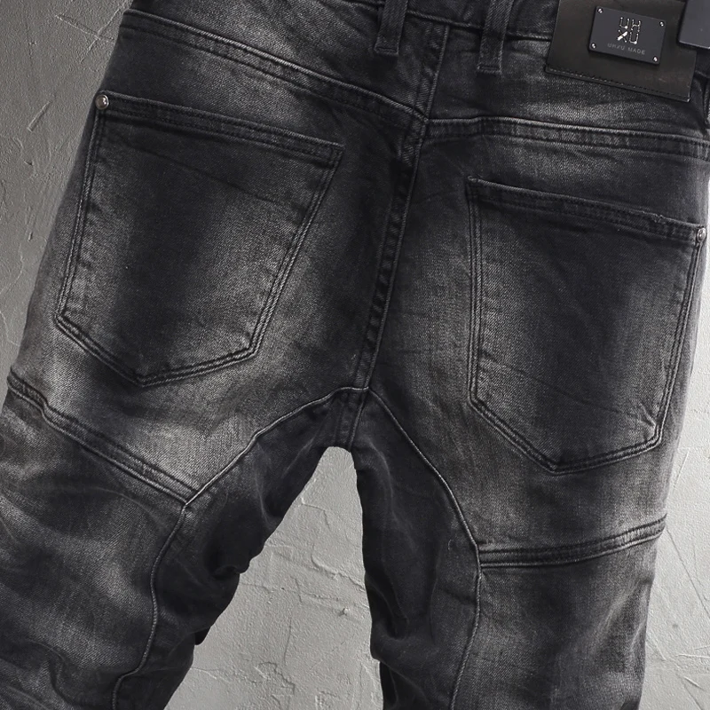 Street Fashion Men Jeans Retro Black Gray Stretch Slim Fit Ripped Jeans Men Spliced Designer Hip Hop Denim Biker Pants Hombre